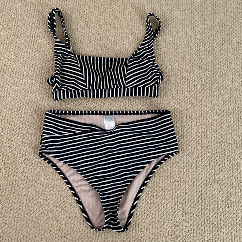 Kona Sol Striped High-Waisted Bikini with Square Neckline Top